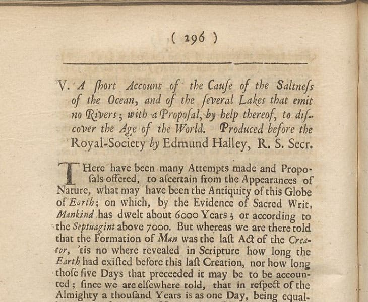 First paragraph of Edmond Halley’s paper on the “Saltness of the Ocean,” Philosophical Transactions of the Royal Society of London, vol, 29, 1714-16 (Linda Hall Library)