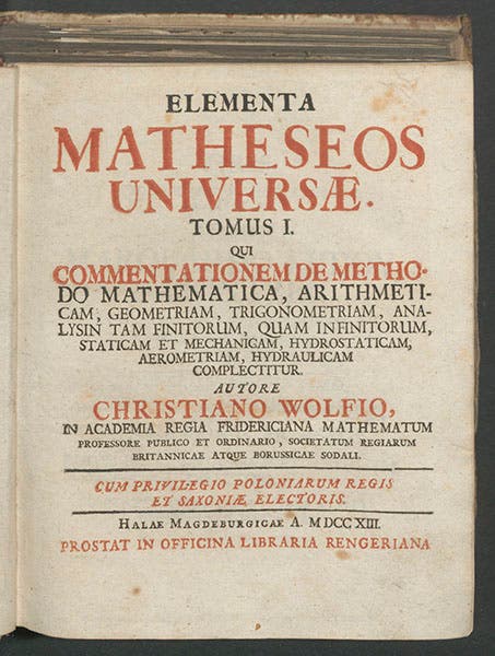 Title page, Christian Wolff, Elementa matheseos universae, vol. 1, 1713n (Linda Hall Library)