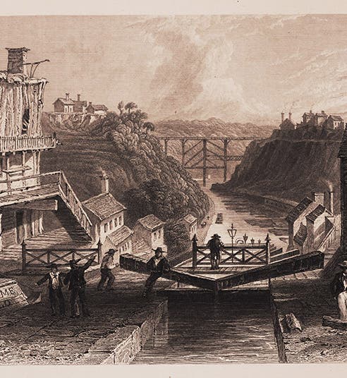 “A lock on the Eric Canal,” steel engraving, from William Henry Bartlett, <i>American scenery</i>, 1840 (Linda Hall Library)