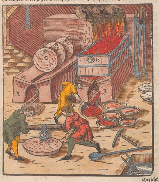 Extracting silver from copper-lead cakes by liquation, detail of a hand-colored woodcut, Lazarus Ercker, Beschreibung, 1580 (Linda Hall Library)