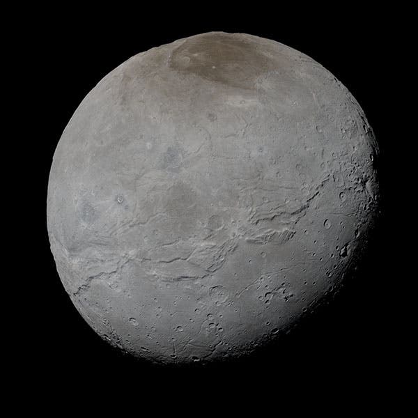 Charon, the largest moon of Pluto, imaged by the New Horizons spacecraft, July 14, 2015 (pluto.jhuaspl.edu)