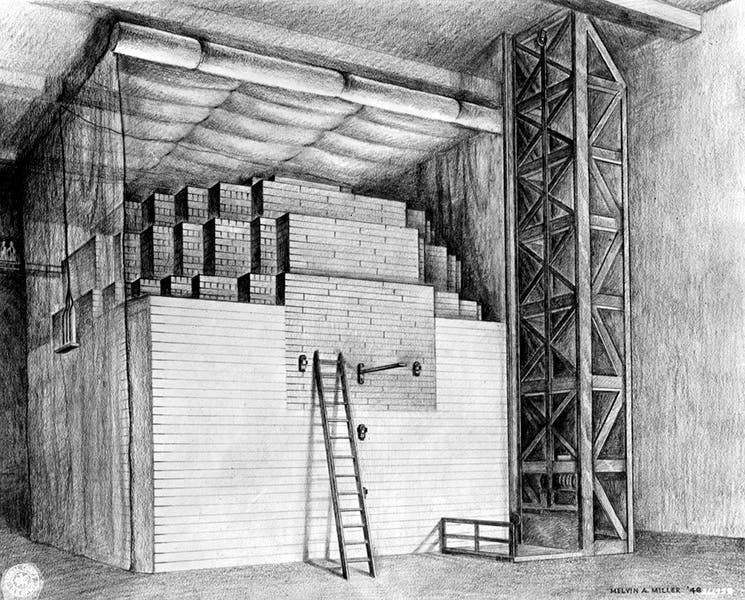 Chicago Pile 1 (CP-1) as it looked just before Dec. 2, 1942, when CP-1 began a self-sustained nuclear reaction, charcoal drawing by Melvin A. Miller, 1946, photo archive, University of Chicago (photoarchive.lib.uchicago.edu)