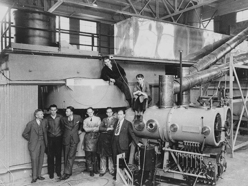 Group portrait of members of the 60-inch cyclotron team at Berkeley, for which Luis Alvarez (top center) designed the magnets, 1939 (Wikipedia)