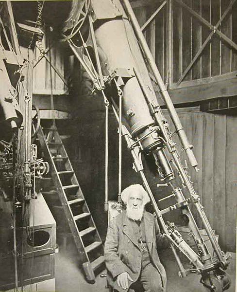 The Tulse Hill observatory of William and Margaret Huggins, with William at the telescope, and spectroscopic apparatus visible everywhere, third engraved frontispiece, The Scientific Papers of Sir William Huggins, ed. by Sir William Huggins and Lady Huggins, 1909 (Linda Hall Library)