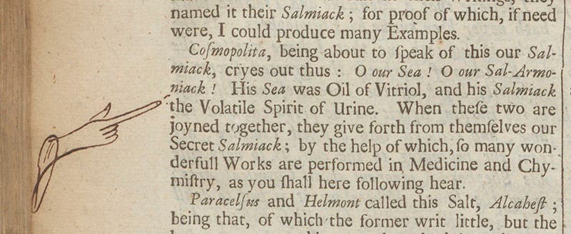 Hand-drawn “manicule” in the margin of Johann Glauber, Works, 1689 (Linda Hall Library)
