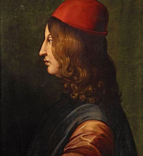 Portrait of Giovanni Pico della Mirandola, posthumous, by Cristofano dell’Altissimo, Uffizi Gallery, Florence, late 16th c. (Wikimedia commons)