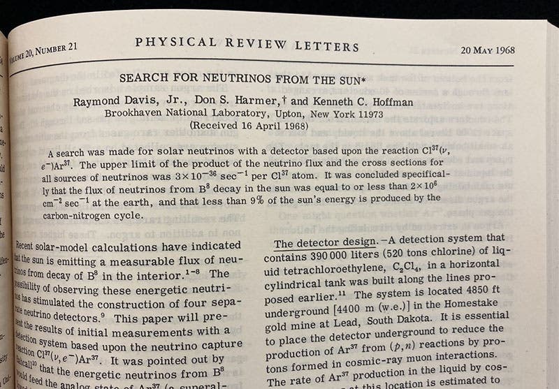 First paragraph of article, “Search for neutrinos from the Sun,” by Raymond Davis Jr., et al, Physical Review Letters, vol. 20, no. 21, p. 1205, 1968 (Linda Hall Library)