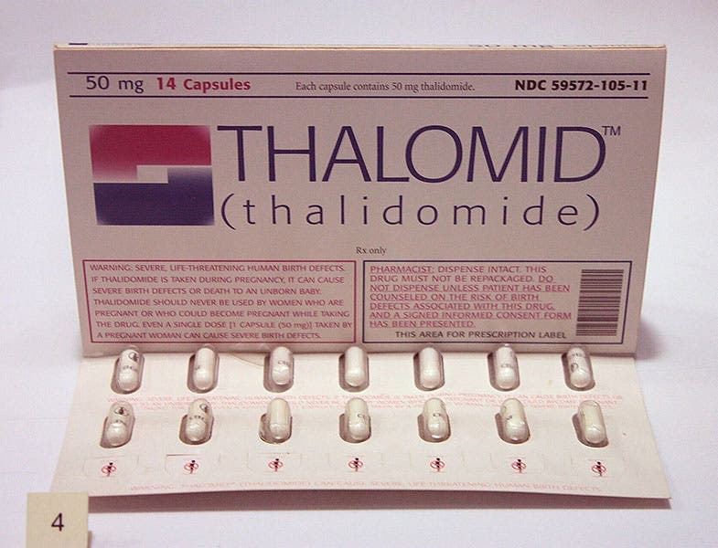 A pack of Thalidomide capsules produced for test distribution in the United States, 1960 (Wikimedia commons)