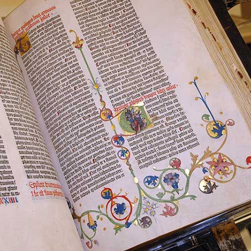 One page of the Gutenberg Bible at the Huntington Library, San Marino, printed on vellum and illuminated (huntington.org)