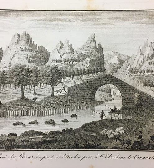 Columnar basalt formation in the Vivarais region of France, cut by a stream, engraving, in Scipione Breislak, <i>Atlas geologique</i>, 1818 (Linda Hall Library)