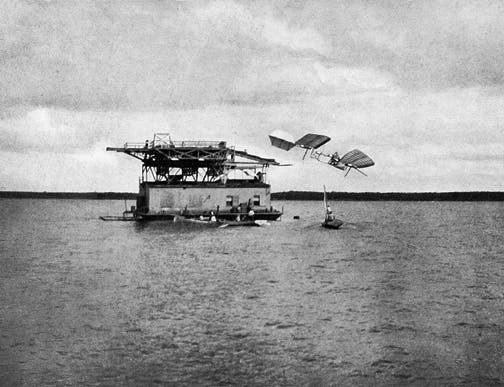 Unsuccessful attempt to launch Aerodrome A, built by Samuel P. Langley, from a houseboat in the Potomac River on Oct. 7, 1903, photograph (centennialofflight.net)