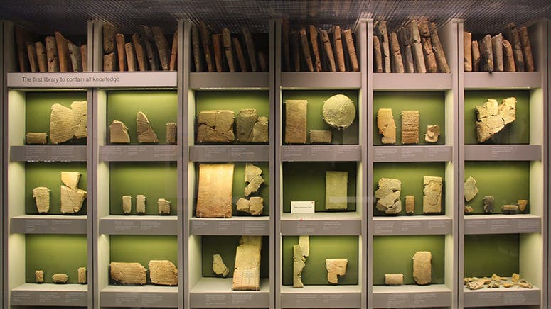 British Museum display of items from the Library of Ashurbanipal at Nineveh, excavated and sent back to the Museum by Hormuzd Rassam, 1853-54 (Wikimedia commons)