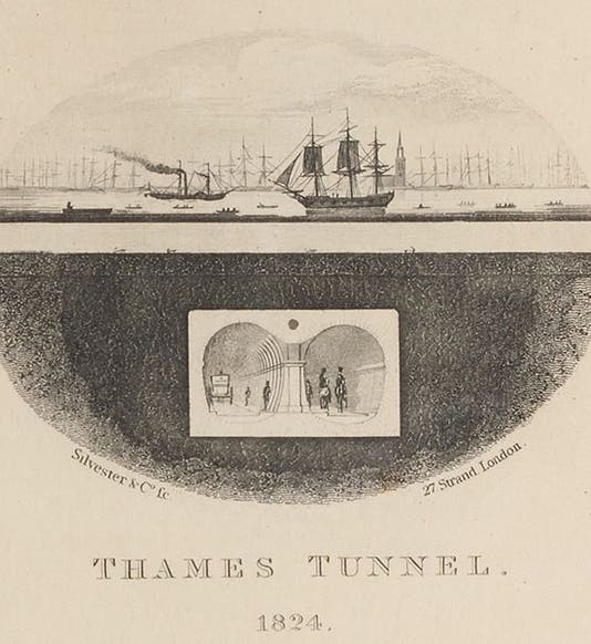 Longitudinal section of the River Thames, with an imagined completed tunnel, detail of half-title engraving, An Explanation of the Works of the Tunnel under the Thames from Rotherhithe to Wapping, by the Thames Tunnel Company, 1836 (Linda Hall Library)