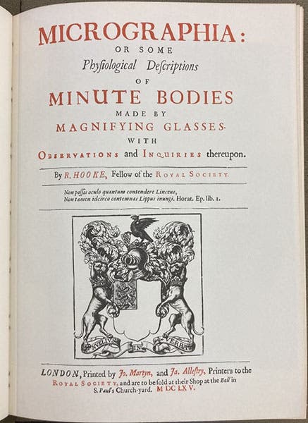 Facsimile of the title page for item 50, Robert Hooke, Micrographia, 1665, in One Hundred Books Famous in Science, by Harrison D. Horblit, 1964 (Linda Hall Library)