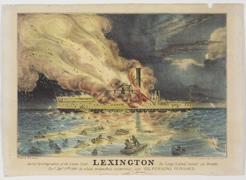 Awful Conflagration of the Steam Boat Lexington in Long Island Sound, hand-colored lithograph by Nathaniel Currier, after painting by W.K. Hewitt, 1840, Springfield Museums (springfieldmuseums.org)