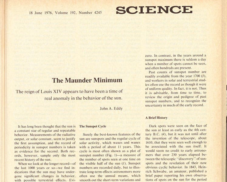 First page of “The Maunder Minimum,” by John Eddy, Science, vo.192, 1976 (Linda Hall Library)
