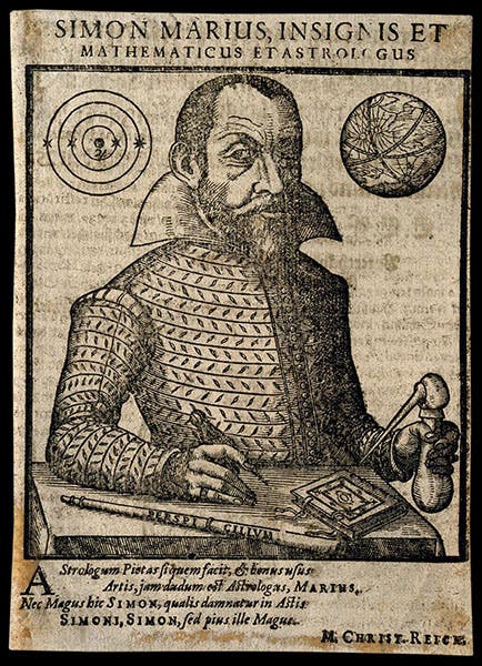 Portrait of Simon Marius, with a telescope and a diagram of the moons of Jupiter, separate printing of the woodblock frontispiece to Mundus jovialis, by Simon Marius, 1614, Wellcome Collection (wellcomnecollection.org)