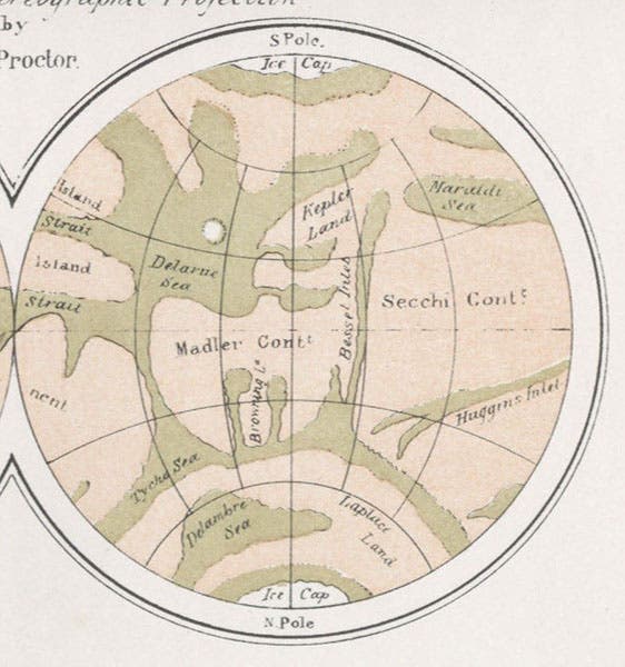 The right hemisphere of Mars in a map of Mars by Richard A. Proctor, in his Other Worlds than Ours, fifth London ed., 1882 (Linda Hall Library)