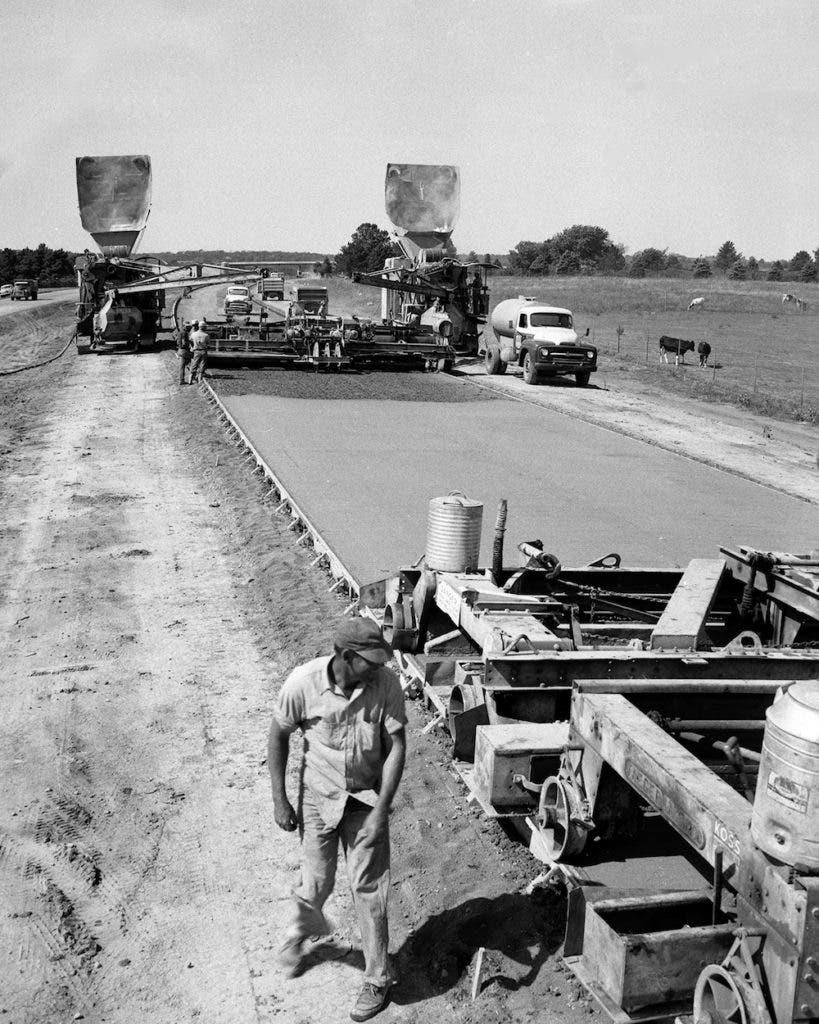 Paving a section of Interstate 70 west of Topeka, Kansas, in 1959. Photograph courtesy of the Kansas Department of Transportation.

