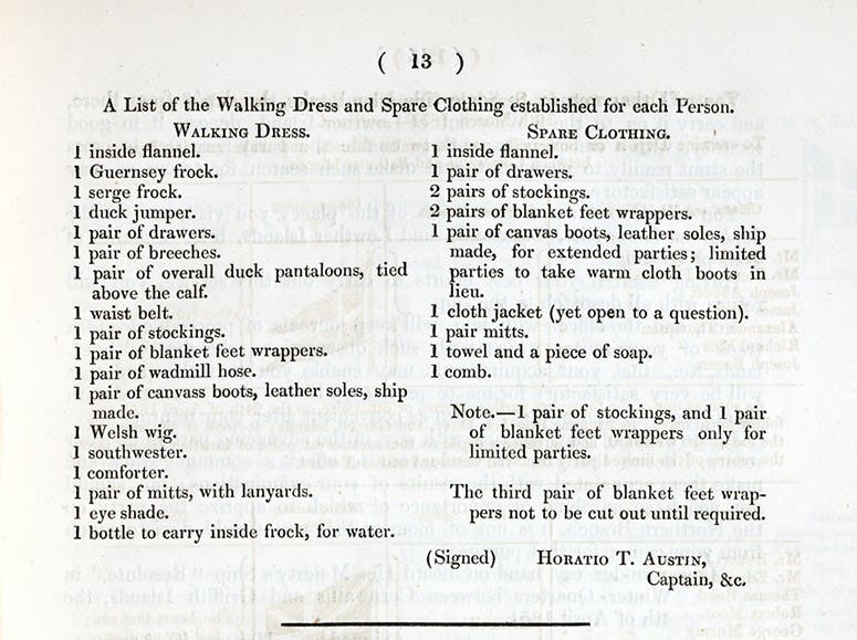 Directive signed by Capt. Austin listing the clothing to be allotted to each man on a sledge, from the Arctic Blue Book published by the Admiralty in 1852: Additional Papers Relative to the Arctic Expedition (Linda Hall Library)