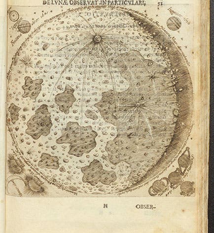 The Moon, with corner vignettes showing the planets, viewed through a telescope, etching, Francesco Fontana, Novae coelestium, 1646 (Linda Hall Library)