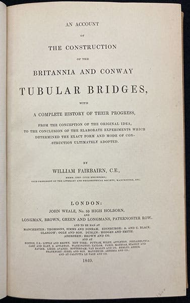 Title page, An Account of the Construction of the Britannia and Conway Tubular Bridges, by William Fairbairn, 1849 (Linda Hall Library)