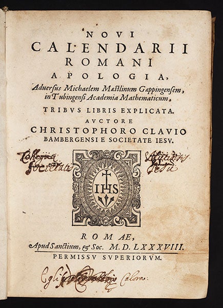 Title Page of Clavius’s book on the Gregorian calendar reform, Novi calendarii, 1588 (Linda Hall Library)