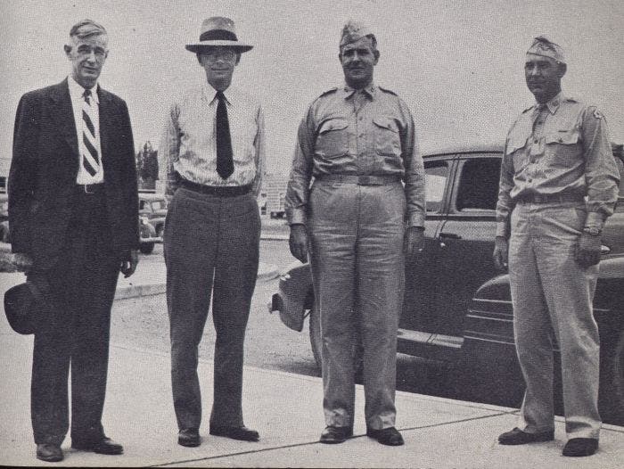 Group portrait of (left to right) Vannevar Bush, James B. Conant, Gen. Leslie Groves, and another officer; at Hanford, Washington, 1943 (osti.gov)