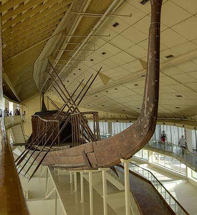 Khufu’s solar boat, on display in the old Giza Boat Museum, view of prow, photograph, 2009 (Wikimedia commons)