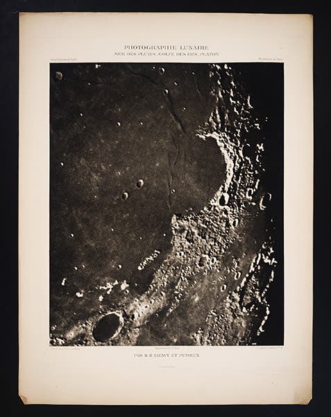 Mare Imbrium (Sea of Rains), at the northern end of the Ocean of Storms, with the bay called Sinus Iridium, and the Heraclides promontory jutting out at the top of the bay, Atlas Photographique de la Lune, Maurice Loewy and Pierre Henri Puiseux, 1896-1910, plate 11, taken Apr. 23, 1896 (Linda Hall Library)