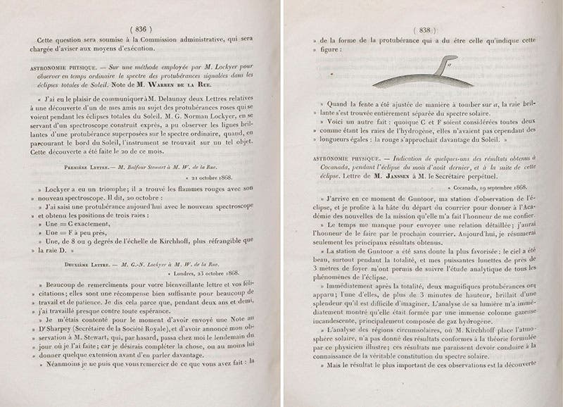First page of Norman Lockyer’s letter announcing the new solar prominence line (left); first page of Jules Janssen’s letter on solar prominences (right), both from Comptes Rendus, 1868 (Linda Hall Library)