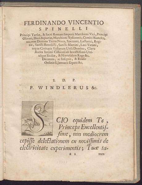 Dedication to Ferdinando Spinelli, Tentamina de causa electricitatis, by Peter Johann Windler, 1747 (Linda Hall Library)