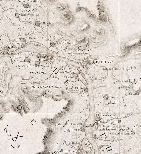 Map of Dendera on the Nile, detail of a much larger engraving, plate 9, in Carte topographique de l’Égypt, by Pierre Jacotin, part of the Description de l’Égypt, 1809-28 (Linda Hall Library)