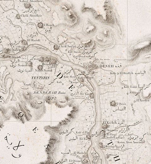 Map of Dendera on the Nile, detail of a much larger engraving, plate 9, in Carte topographique de l’Égypt, by Pierre Jacotin, part of the Description de l’Égypt, 1809-28 (Linda Hall Library)