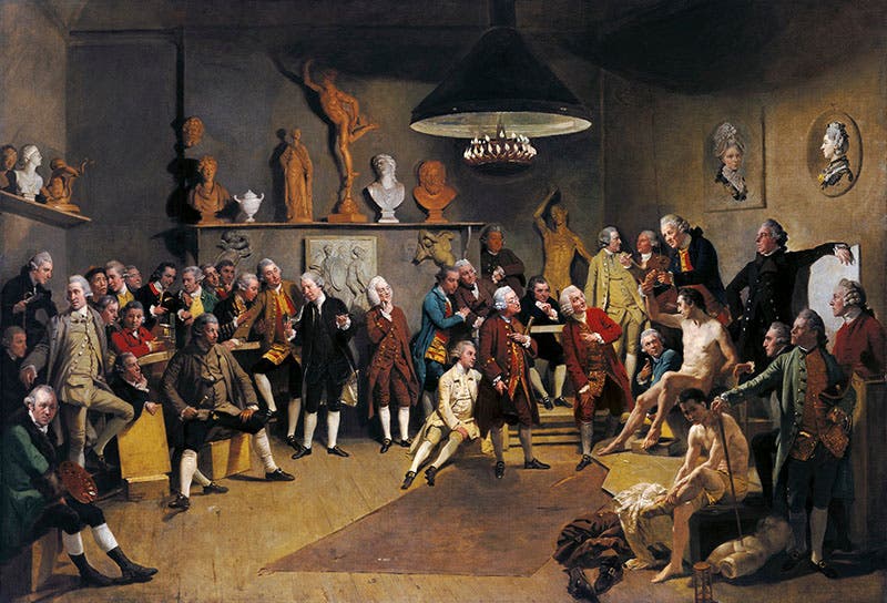 The Academicians of the Royal Academy, by Johan Zoffany, 1772; William Hunter is the short man in the red coat just left of center, with his finger on his chin (royalcollection.org.uk)