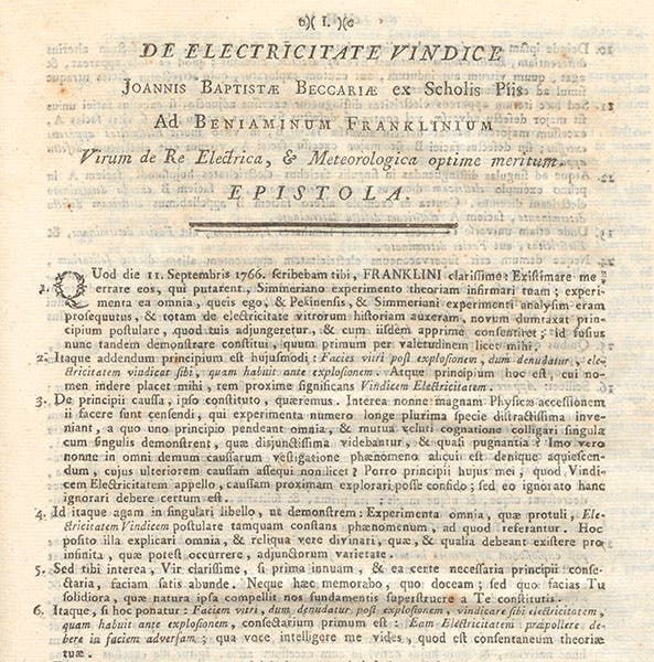 Letter to Benjamin Franklin from G.B. Beccaria, “De electricitate vindice”, 1767, bound into our copy of his Elettricismo atmosferico, 1758 (Linda Hall Library)
