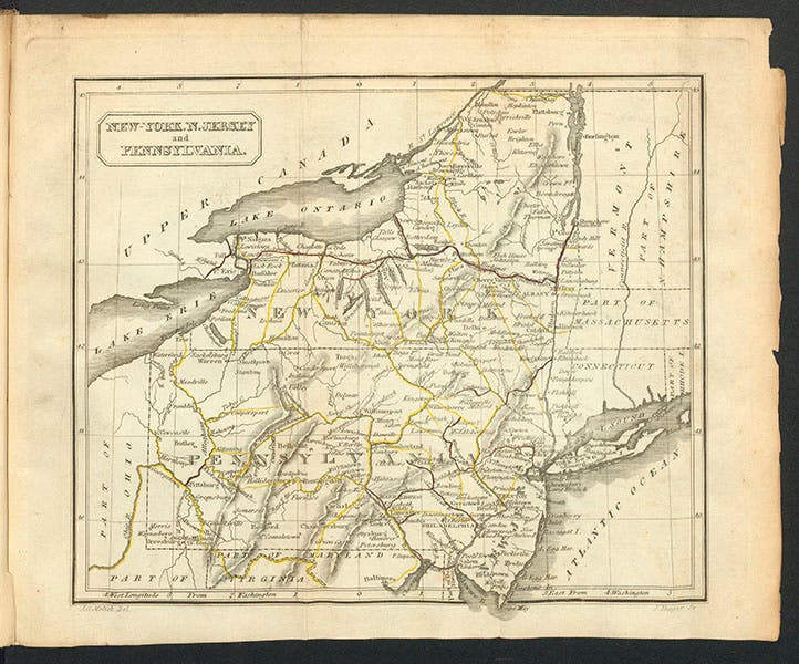 Map of New York State, with the completed Erie Canal in red, from A Connected View of the Whole Internal Navigation of the United States, 1826 (Linda Hall Library)
