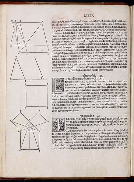 Diagram and proof of the Pythagorean theorem, bottom woodcut, Elementa geometria, by Euclid, 1482 (Linda Hall Library)