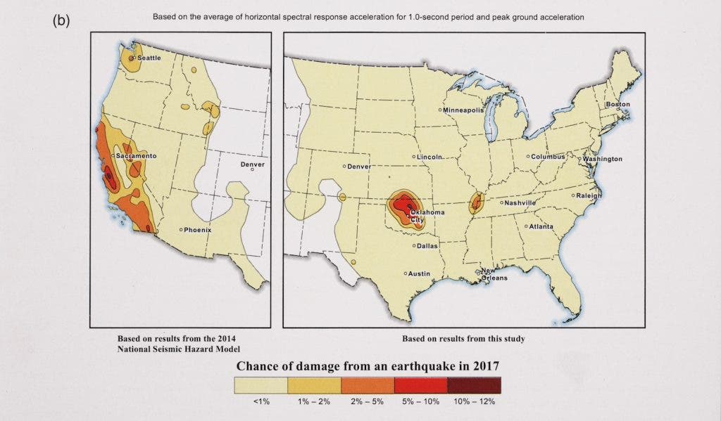 Image source: Petersen, Mark, et al. “2017 One‐Year Seismic‐Hazard Forecast for the Central and Eastern United States from Induced and Natural Earthquakes.” Seismological Research Letters, vol. 88, no. 3, 2017, p. 781. View Source