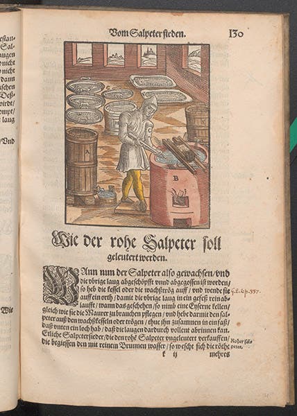 Concentrating saltpeter in vats, hand-colored woodcut, Lazarus Ercker, Beschreibung, 1580 (Linda Hall Library)