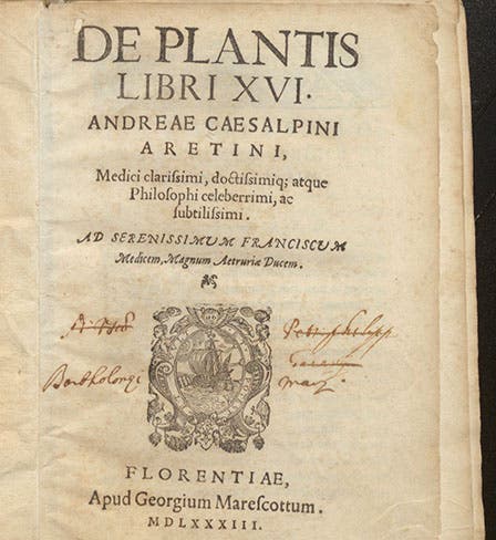 Title page, Andrea Cesalpino, De plantis libri XVI, 1583 (Linda Hall Library)