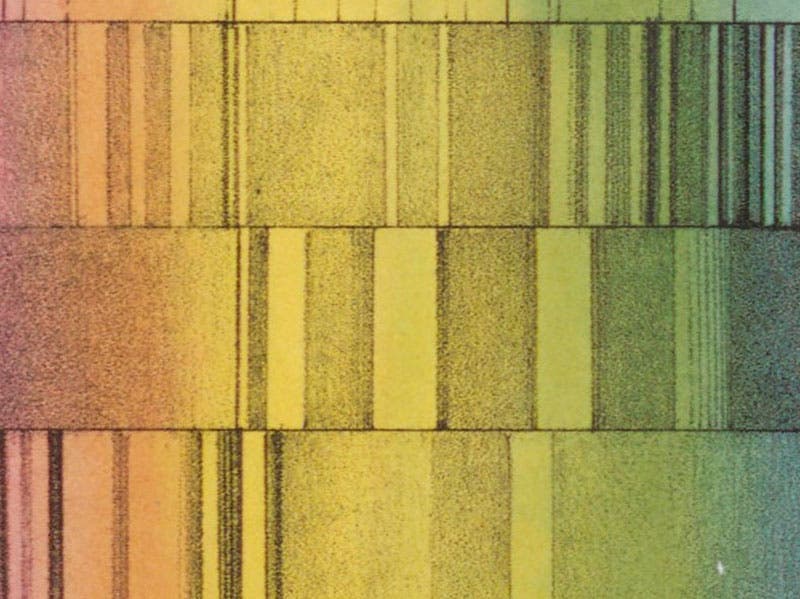 A detail of the first image, with a closer view of the lithographed spectral lines, London, Edinburgh, and Dublin Philosophical Magazine, ser. 3, vol. 27, pl. 2, 1845 (Linda Hall Library)