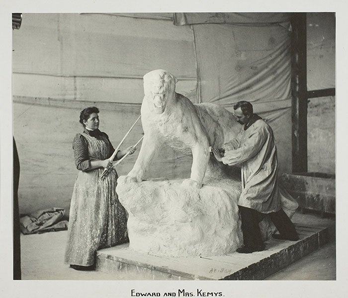 Edward Kemeys working on a cougar sculpture, with his wife Laura, for the World’s Columbian Exposition, photograph, ca 1890 (arti.edu)