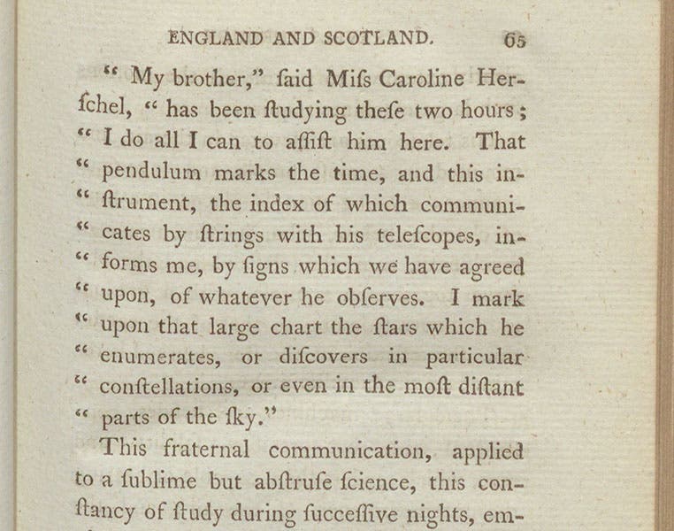 Caroline Herschel describing how she and William collaborated in their observing program at Dachet, as quoted by Barthélemy Faujas-de-Saint-Fond, Travels in England, Scotland, and the Hebrides, vol. 1, 1799 (Linda Hall Library)
