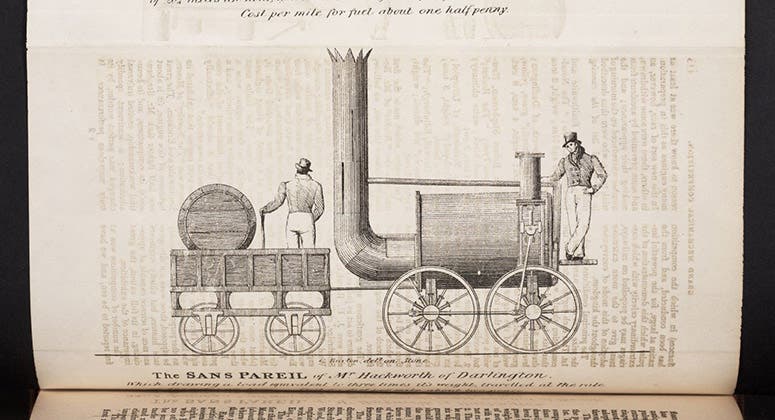 Sans Pareil, detail of image above, lithograph in Mechanics' Magazine, Register, Journal, and Gazette, vol. 12, p. 236, Nov. 28, 1829 (mounted following p. 114 in our copy) (Linda Hall Library)