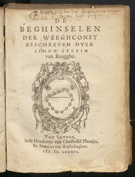 Title page, De Beghinselen der Weeghconst, by Simon Stvibn, 1586 (Linda Hall Library)