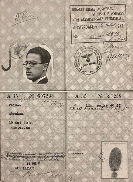 The wartime ID card of Abraham Pais, exempting him from exportation to a concentration camp, reproduced in A Tale of Two Continents, by Abraham Pais (Princeton Univ. Press, 1997; author’s copy)