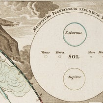 Portrait of Giovanni Battista Riccioli, detail of a cosmological diagram by Johann Doppelmayr, depicting the relative sizes of the planets, Atlas coelestis, Johann Doppelmayr, plate 3, 1742 (Linda Hall Library)