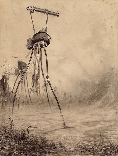 An illustration of invading Martians from a 1906 edition of H.G. Wells, The War of the Worlds (openculture.com)