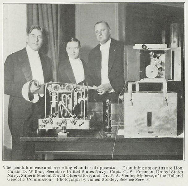 Secretary of the Navy (left), Superintendent of the US Naval Observatory, and, on the right, the 6’6” Felix Vening Meinesz, photograph, 1928, , in Publications of the United States Naval Observatory, vol. 13, 1930 (Linda Hall Library)